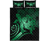 Hawaii Turtle Hibiscus Polynesian Vintage Quilt Bed Set - Green Green - Polynesian Pride