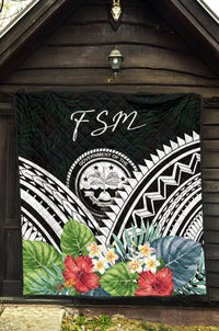 FSM Premium Quilt - FSM Coat of Arms & Polynesian Tropical Flowers White - Polynesian Pride