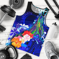 Vanuatu Custom Personalised Men's Tank Top - Humpback Whale with Tropical Flowers (Blue) Blue - Polynesian Pride