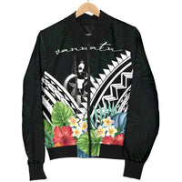 Vanuatu Men's Bomber Jacket - Vanuatu Caledonia Coat of Arms & Polynesian Tropical Flowers White - Polynesian Pride