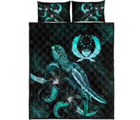 Pohnpei Polynesian Quilt Bed Set - Turtle With Blooming Hibiscus Turquoise - Polynesian Pride