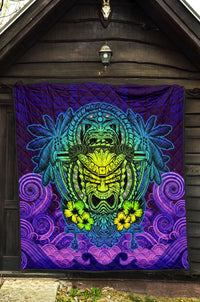 Hawaii Polynesian Premium Quilt - Hawaiian Green Yellow Tiki Face (Purple) - Polynesian Pride