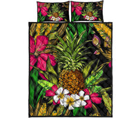 Hawaii Tropical Flowers Pineapple Quilt Bed Set Black - Polynesian Pride