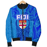 Blue Women Bomber Jacket Fiji Rugby Polynesian Waves Style - Polynesian Pride