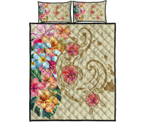 Hawaii Triple Marble Turtle Polynesian Hibiscus Quilt Bed Set - AH - Benjamin Style - Beige - Polynesian Pride