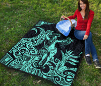 Polynesian Hawaii Premium Quilt - Hula Girl Neon Blue - Polynesian Pride