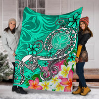 Hawaii Premium Blanket- Turtle Plumeria Polynesian Tattoo Turquoise Color - Polynesian Pride