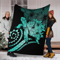 Hawaii Turtle Hibiscus Polynesian Vintage Premium Blanket - Turquoise - Polynesian Pride