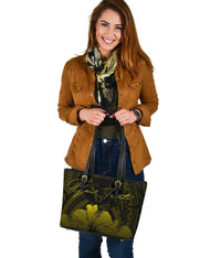 Personalised - Hawaii Royal Hibiscus Polynesian Tribal Small Leather Tote Bag Yellow AH - Polynesian Pride
