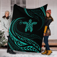 Hawaii Turtle Hibicus Premium Blanket - Frida Style - Turquoise - Polynesian Pride