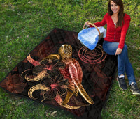 Palau Polynesian Premium Quilt - Turtle With Blooming Hibiscus Gold - Polynesian Pride