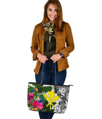 Hawaii Large Leather Tote Bag White - Turtle Plumeria Banana Leaf - Polynesian Pride