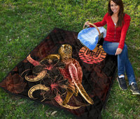 Tahiti Polynesian Premium Quilt - Turtle With Blooming Hibiscus Gold - Polynesian Pride