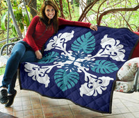 Hawaiian Leaves Tropical Pattern Premium Quilt - Blue - Argu Style - AH - Polynesian Pride