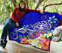 Tonga Premium Quilt - Turtle Plumeria (Blue) - Polynesian Pride