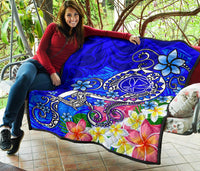 Hawaii Premium Quilt - Turtle Plumeria Polynesian Tattoo Blue Color - Polynesian Pride