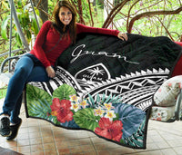 Guam Premium Quilt - Guam Coat of Arms & Polynesian Tropical Flowers White - Polynesian Pride