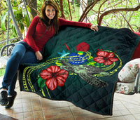 Cook Islands Polynesian Premium Quilt - Green Turtle Hibiscus - Polynesian Pride