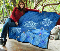 Hawaii Blue Hibiscus Turtle Polynesian Premium Quilt - Polynesian Pride