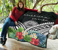 American Samoa Premium Quilt - American Samoa Coat of Arms & Polynesian Tropical Flowers White - Polynesian Pride