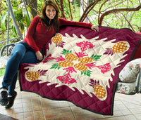 Hawaiian Pineapple Pattern Premium Quilt - Burgundy - Argu Style - AH - Polynesian Pride