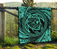 Hawaiian Kanaka Honu Hibiscus Tornando Turquoise Polynesian Premium Quilt - Polynesian Pride