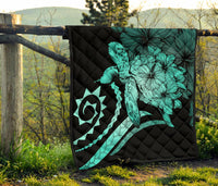 Hawaii Turtle Hibiscus Polynesian Vintage Premium Quilt - Turquoise - Polynesian Pride