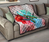 Hawaii Map Kanaka Sea Turtle Hibiscus Premium Quilt - AH - Blue Pink - Polynesian Pride