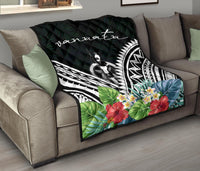 Vanuatu Premium Quilt - Vanuatu Coat of Arms & Polynesian Tropical Flowers White - Polynesian Pride