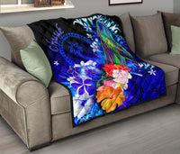 Chuuk Premium Quilt - Humpback Whale with Tropical Flowers (Blue) - Polynesian Pride