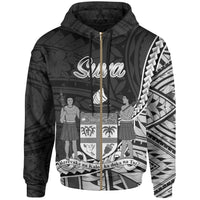 Fiji Zip Hoodie Suva Seal of Fiji Polynesian Patterns Unisex Black - Polynesian Pride