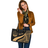Marshall Islands Custom Personalised Large Leather Tote Bag - Gold Polynesian Tentacle Tribal Pattern Crest - Polynesian Pride
