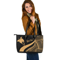 Papua New Guinea Custom Personalised Large Leather Tote Bag - Gold Polynesian Tentacle Tribal Pattern - Polynesian Pride
