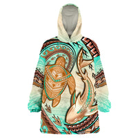 Hawaii Polynesian Shark And Sea Turtle Dreamy Turquoise Artsy Wearable Blanket Hoodie LT14 Unisex One Size - Polynesian Pride
