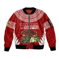 Personalised Tonga Independence Day Sleeve Zip Bomber Jacket Kumete Kava Bowl With Plumeria LT7 Unisex Red - Polynesian Pride