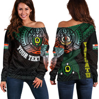 Personalised Vanuatu Off Shoulder Sweater Turtle Chest Tattoo Flag Color - Penama LT7 Women Black - Polynesian Pride