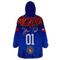 (Custom Personalised) Tonga Emancipation Day Wearable Blanket Hoodie Independence Day - Kupesi Kahoa Heilala Flower - Blue LT8 - Polynesian Pride