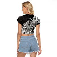 Polynesian Tahiti Island Raglan Cropped T Shirt The Wave of Water - Black LT9 - Polynesian Pride