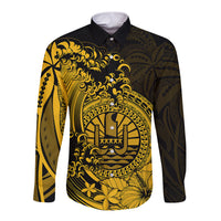 Polynesian Tahiti Island Long Sleeve Button Shirt The Wave of Water - Gold LT9 Unisex Gold - Polynesian Pride