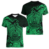 Polynesian Tahiti Island Women V Neck T Shirt The Wave of Water - Green LT9 Female Green - Polynesian Pride