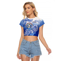 Northern Mariana Islands Raglan Cropped T Shirt Polynesian Floral Tribal LT9 Female Blue - Polynesian Pride