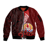 Tahiti Sleeve Zip Bomber Jacket Polynesian Coat Of Arm With Hibiscus LT9 Unisex Red - Polynesian Pride