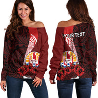 (Custom Personalised) Tahiti Off Shoulder Sweater Polynesian Coat Of Arm With Hibiscus LT9 Women Red - Polynesian Pride