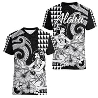 Aloha Hula Girl Hawaiian Tribal and Simple Kakau Women V Neck T Shirt LT9 Female Black - Polynesian Pride