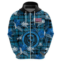 Hawaii State Hoodie Tropical Flowers Mix Tartan Blue Version LT14 - Polynesian Pride