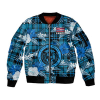 Hawaii State Sleeve Zip Bomber Jacket Tropical Flowers Mix Tartan Blue Version LT14 Unisex Blue - Polynesian Pride