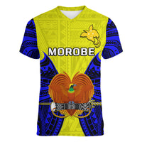 (Custom Personalised) Papua New Guinea Women V Neck T Shirt Morobe Province Mix Coat Of Arms Polynesian Art LT14 - Polynesian Pride