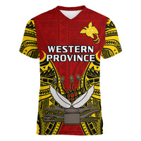 Papua New Guinea Women V Neck T Shirt Western Province Mix Coat Of Arms Polynesian Art LT14 - Polynesian Pride