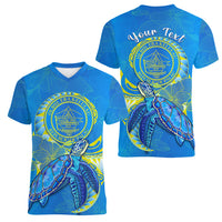 (Custom Personalised) Palau Women V Neck T Shirt Hibiscus Turtle Mix Coat Of Arms Blue Version LT14 Female Blue - Polynesian Pride