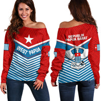 West Papua Off Shoulder Sweater Coat Of Arms And Morning Star Flag LT14 Women Blue - Polynesian Pride